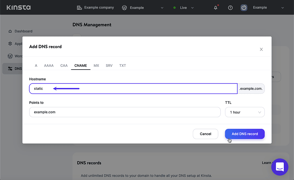 Création d'un enregistrement CNAME dans la gestion DNS de MyKinsta.