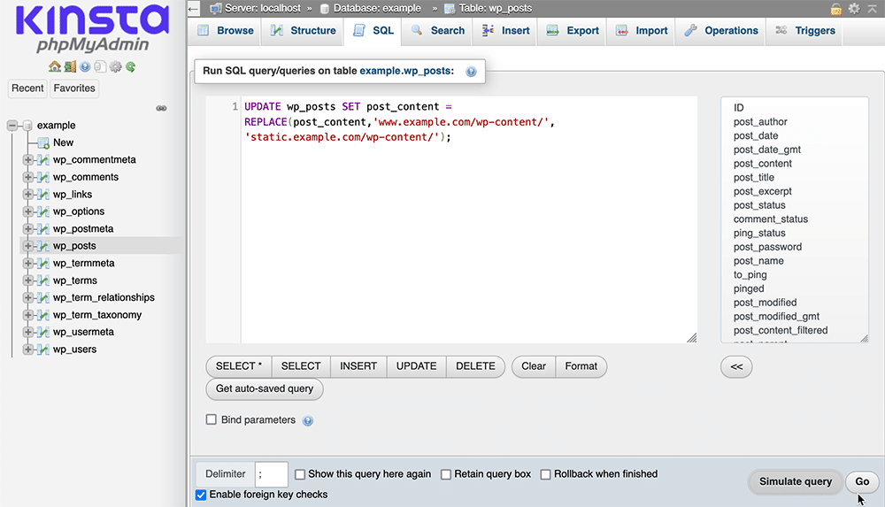 Schermata di phpMyAdmin, dentro la finestra dell’editor compare una query SQL.