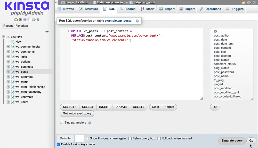 Screenshot: Updating content in the WordPress database using phpMyAdmin.