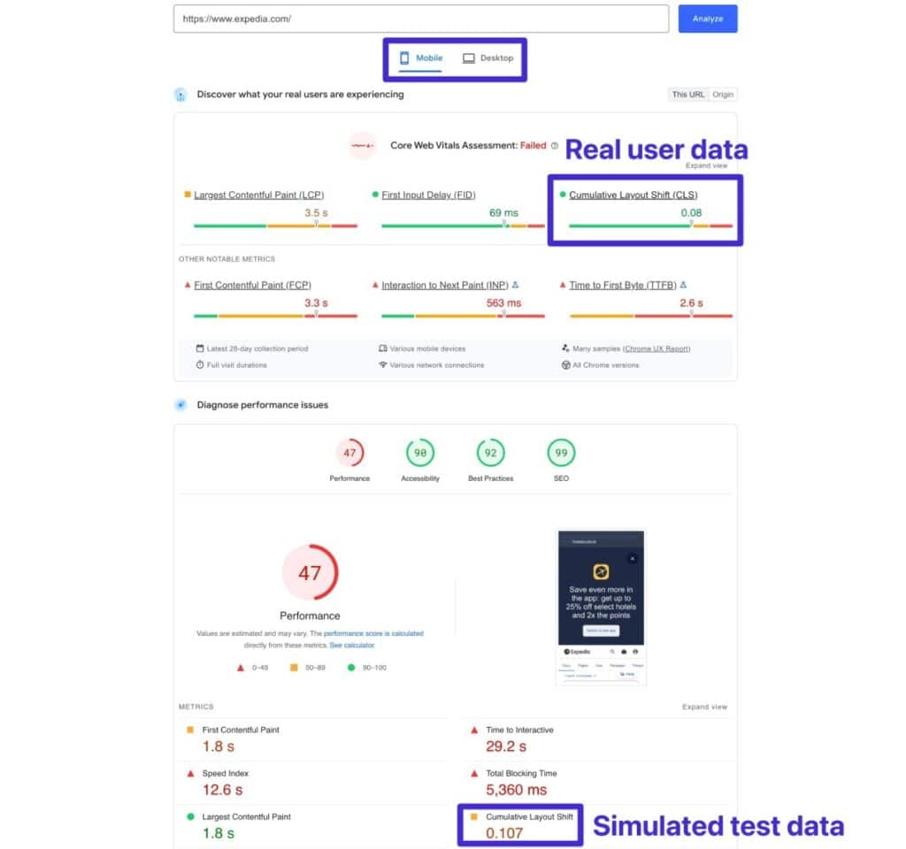 Pontuações do Cumulative Layout Shift no PageSpeed Insights.