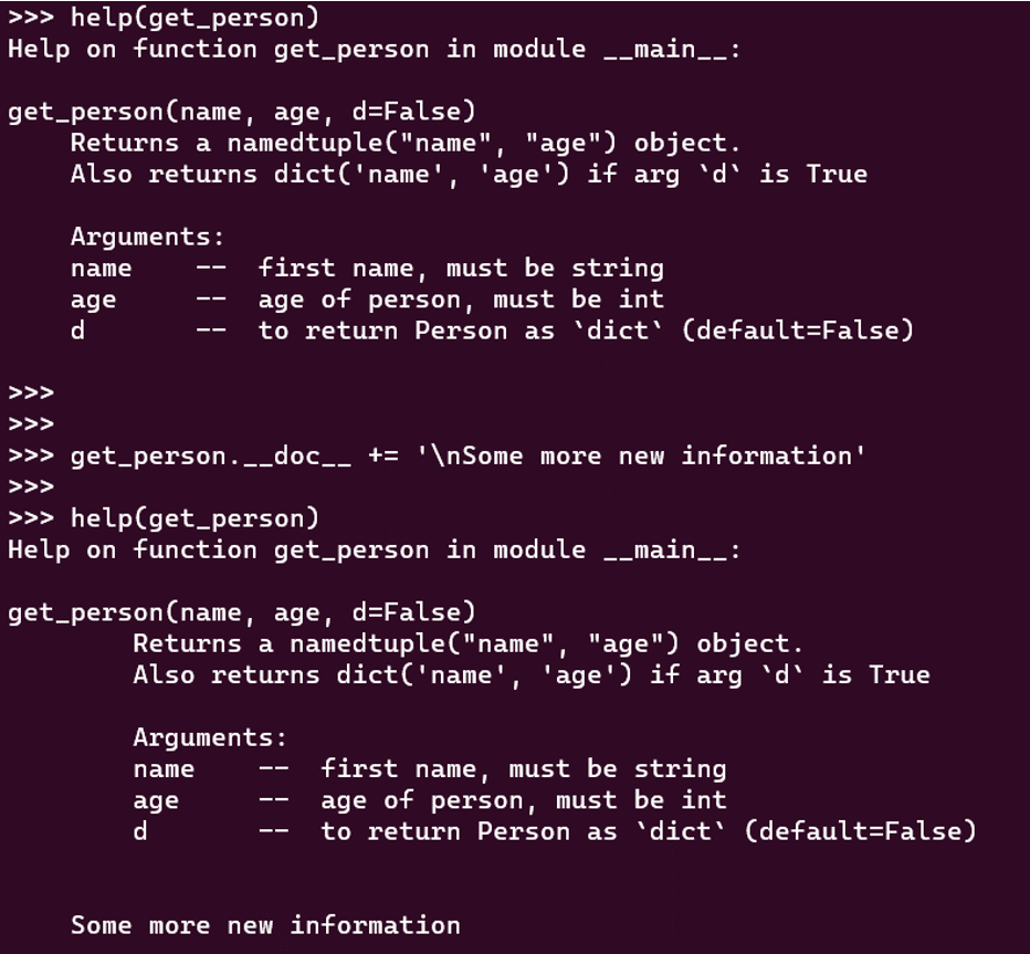 Skærmbillede: Python docstring-kommentarer parset i terminalen.