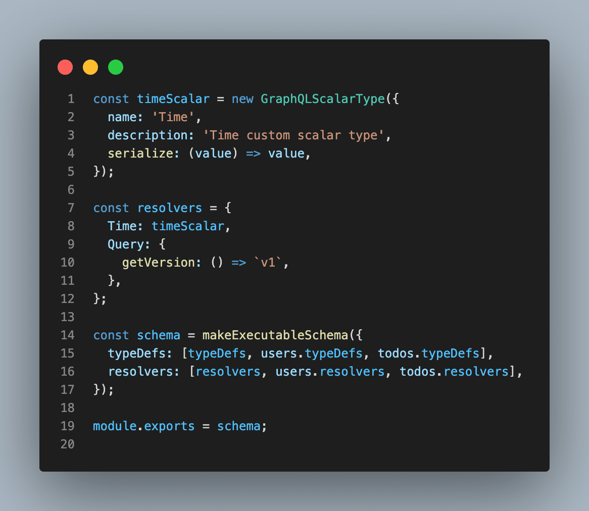 A command line interface showing the "const" code for creating our scalar type and our first resolver.