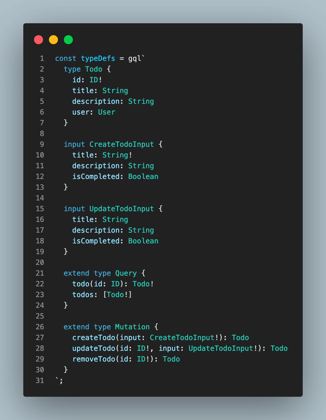 En kommandolinjegrænseflade, der viser skemaet for vores Todo-script, inklusive nye input.