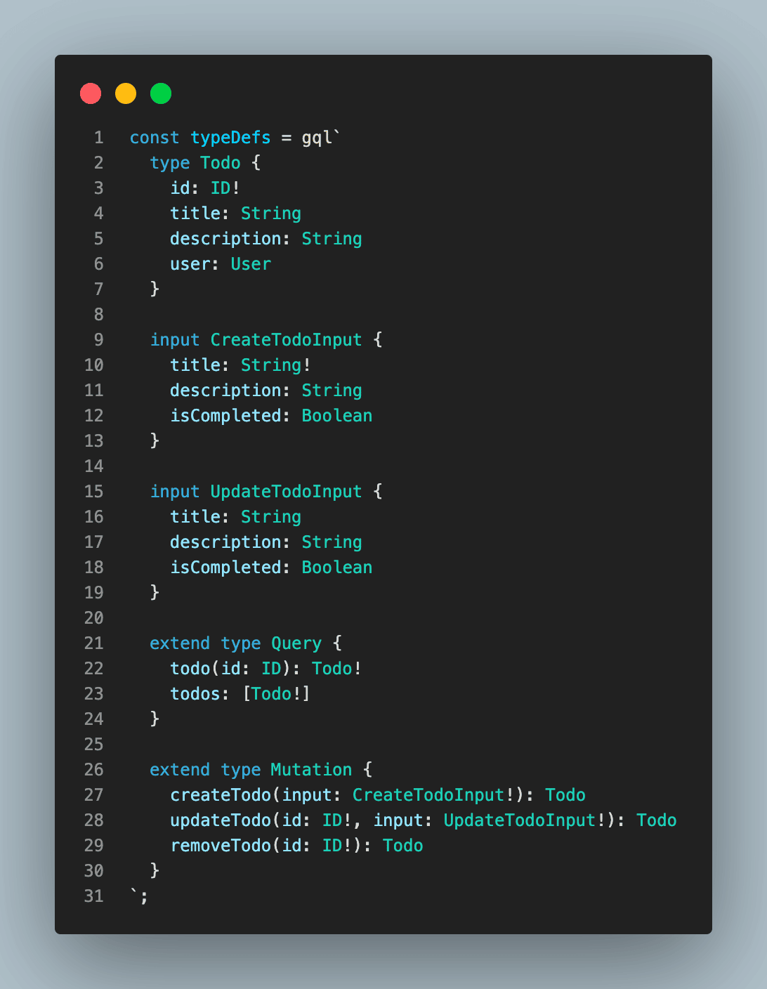 Een opdrachtregelinterface met het schema voor ons Todo-script, inclusief nieuwe invoer.