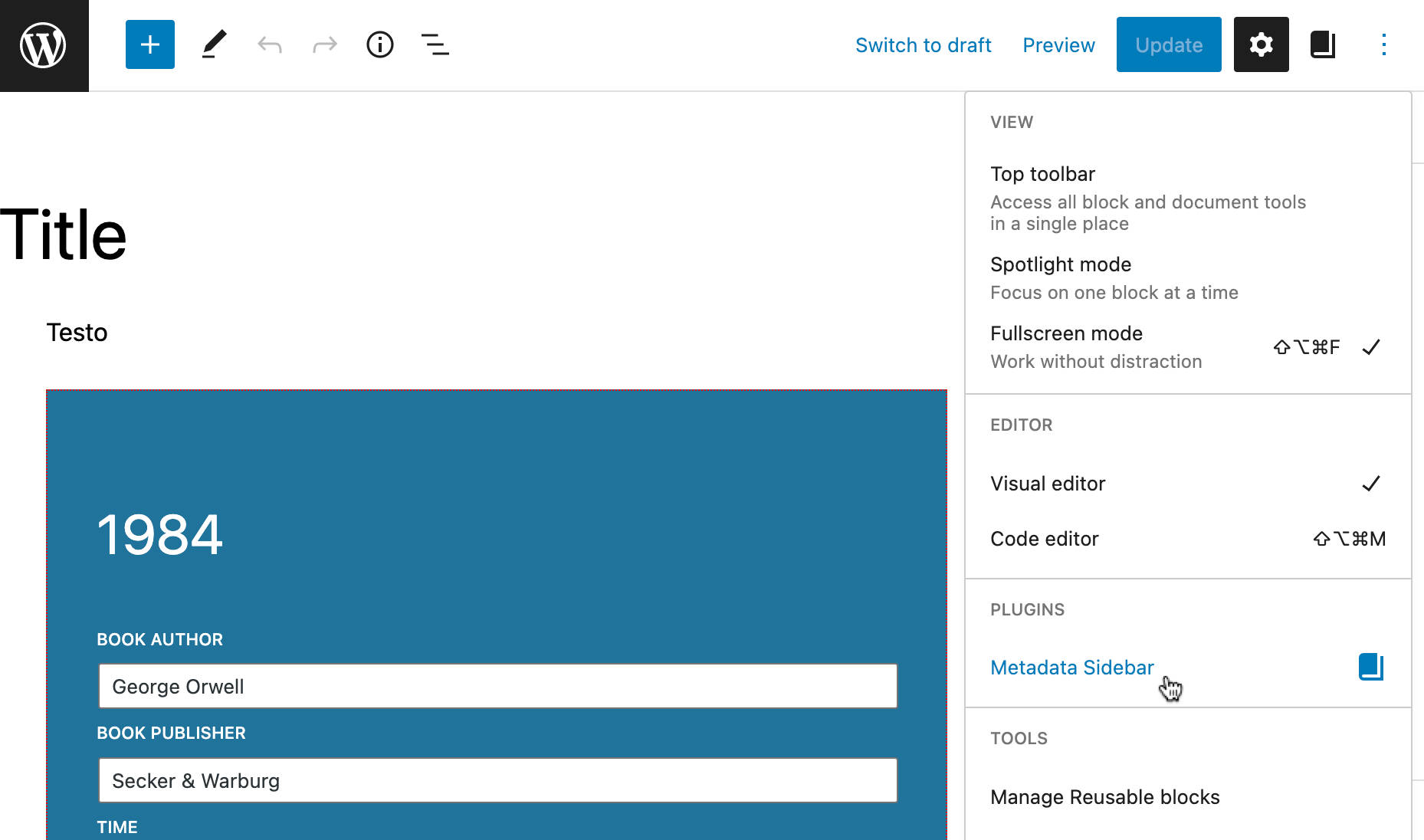 Komponenten PluginSidebarMoreMenuItem lägger till ett menyalternativ under Alternativ - Plugins.