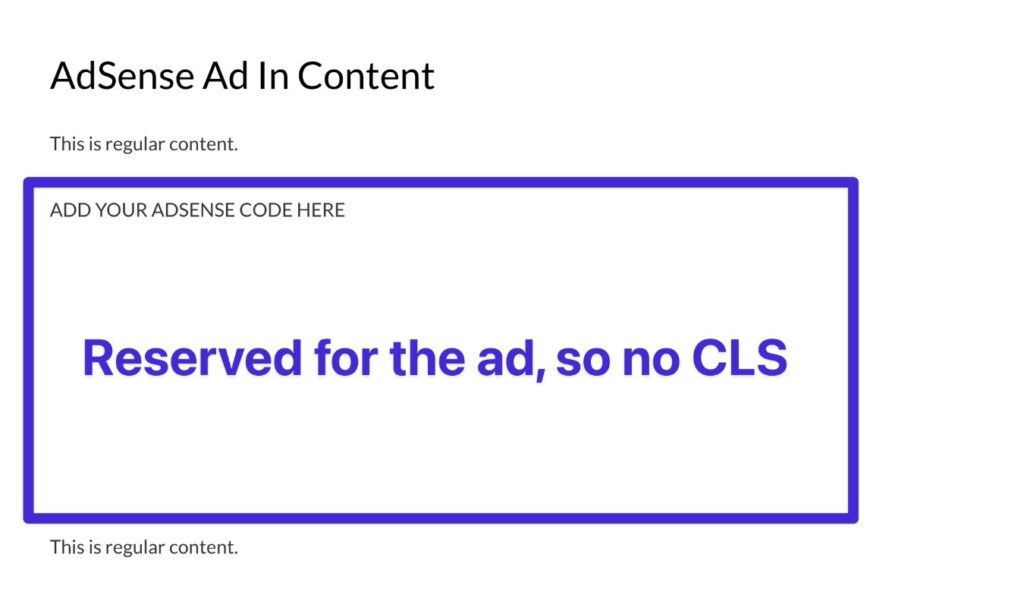 Schermata dell’editor di WordPress Gutenberg con un riquadro dai bordi viola dentro cui si legge il testo "Reserved for the ad, so no CLS".