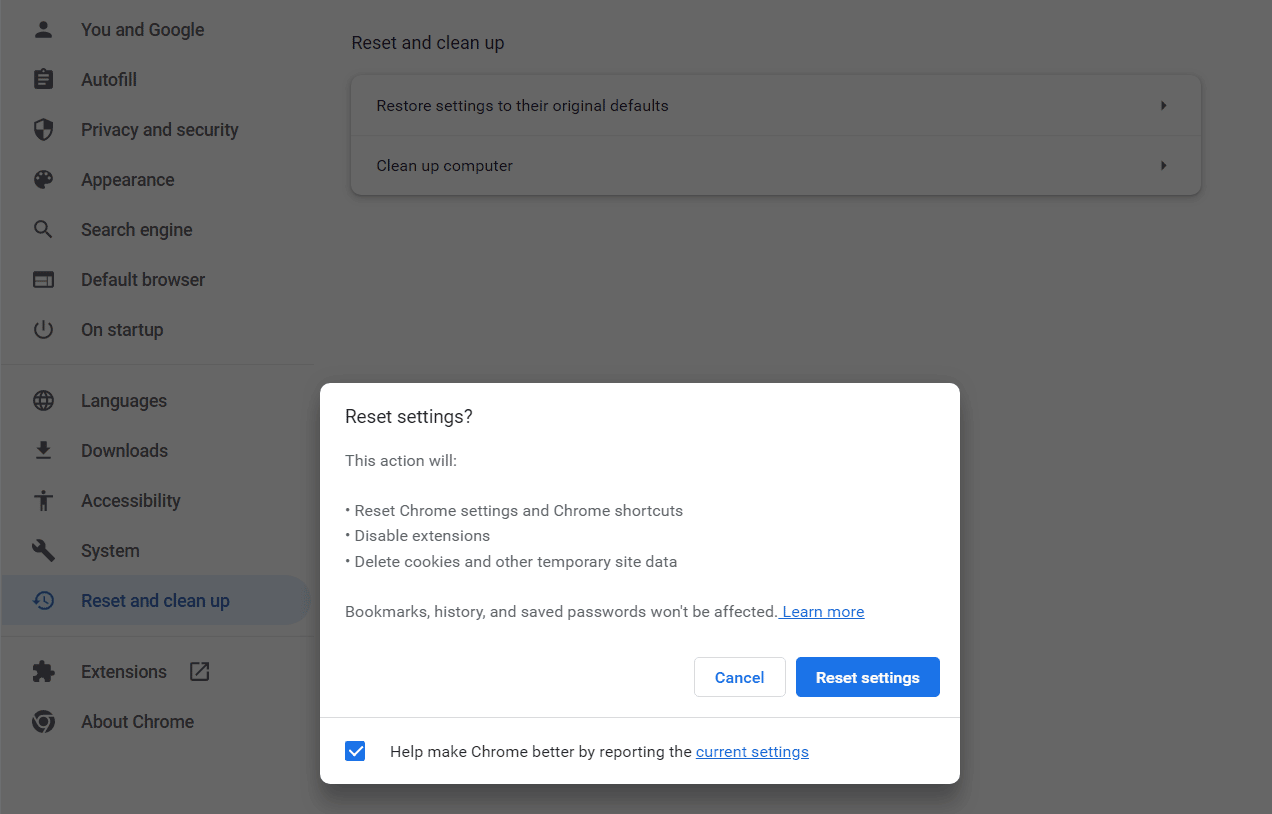 The popup box for resetting Google Chrome