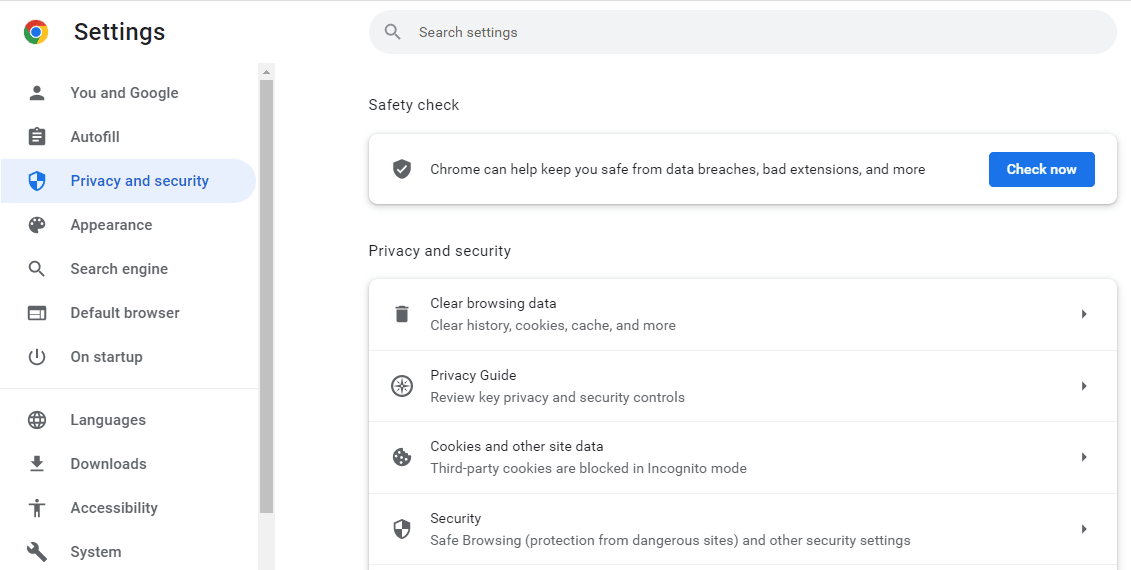Privacy and Security settings in Google Chrome