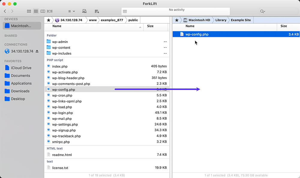 Skærmbillede: Downloader wp-config.php med en SFTP-klient.