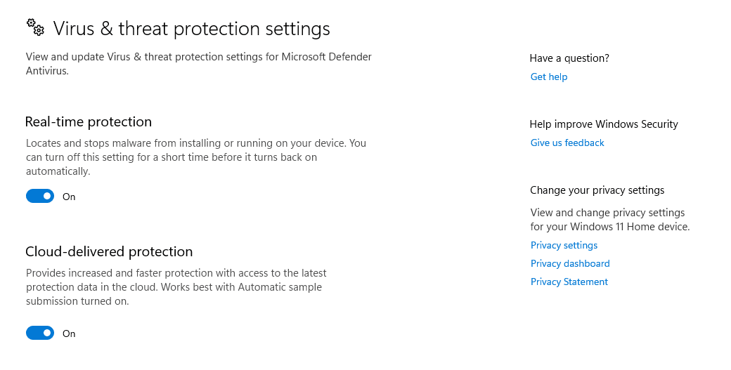 Windows virus and threat protection settings