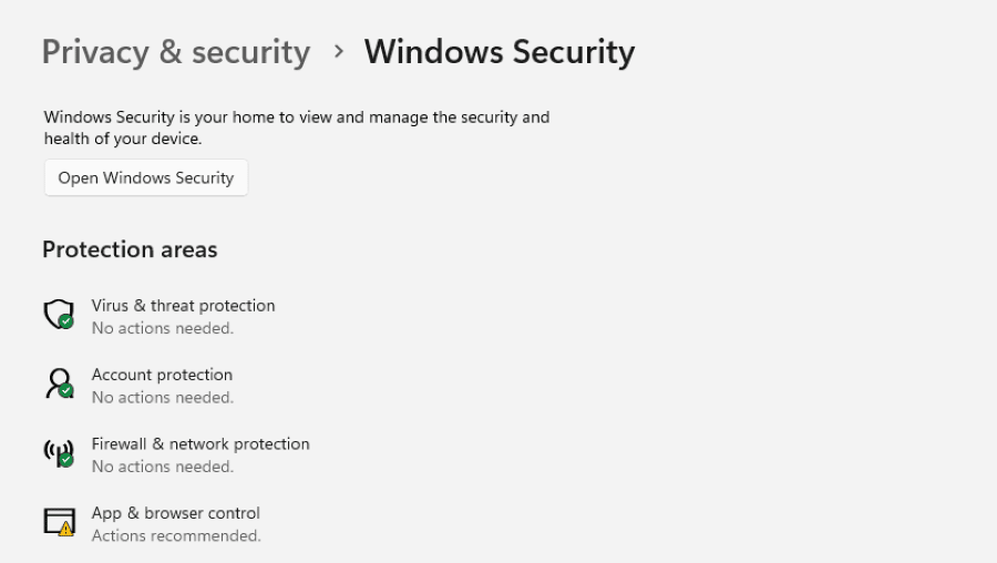 The Windows Security screen