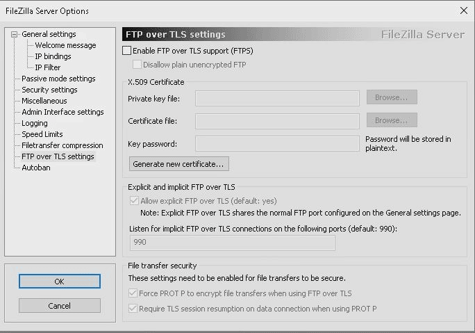 Configurações de FTPS no FileZilla.