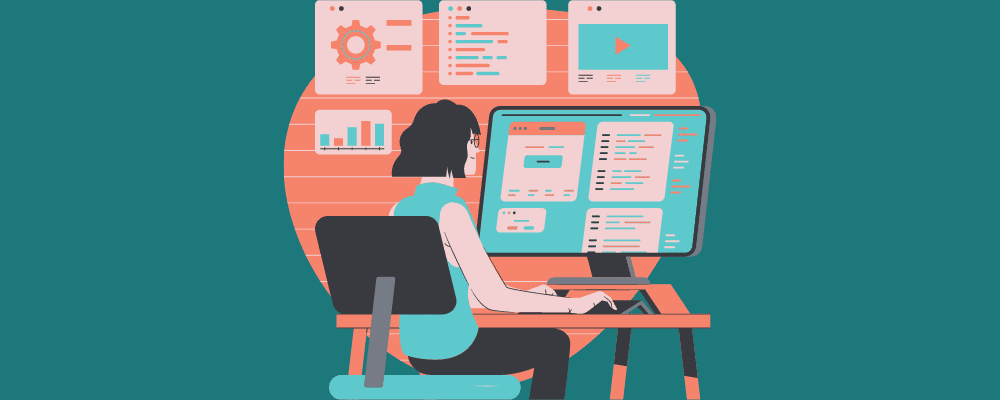 Illustrazione di una donna che lavora su un desktop programmando codice.