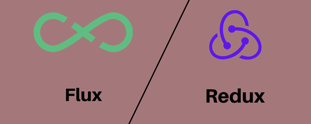 Met Flux logo aan de linkerkant en Redux logo aan de rechterkant