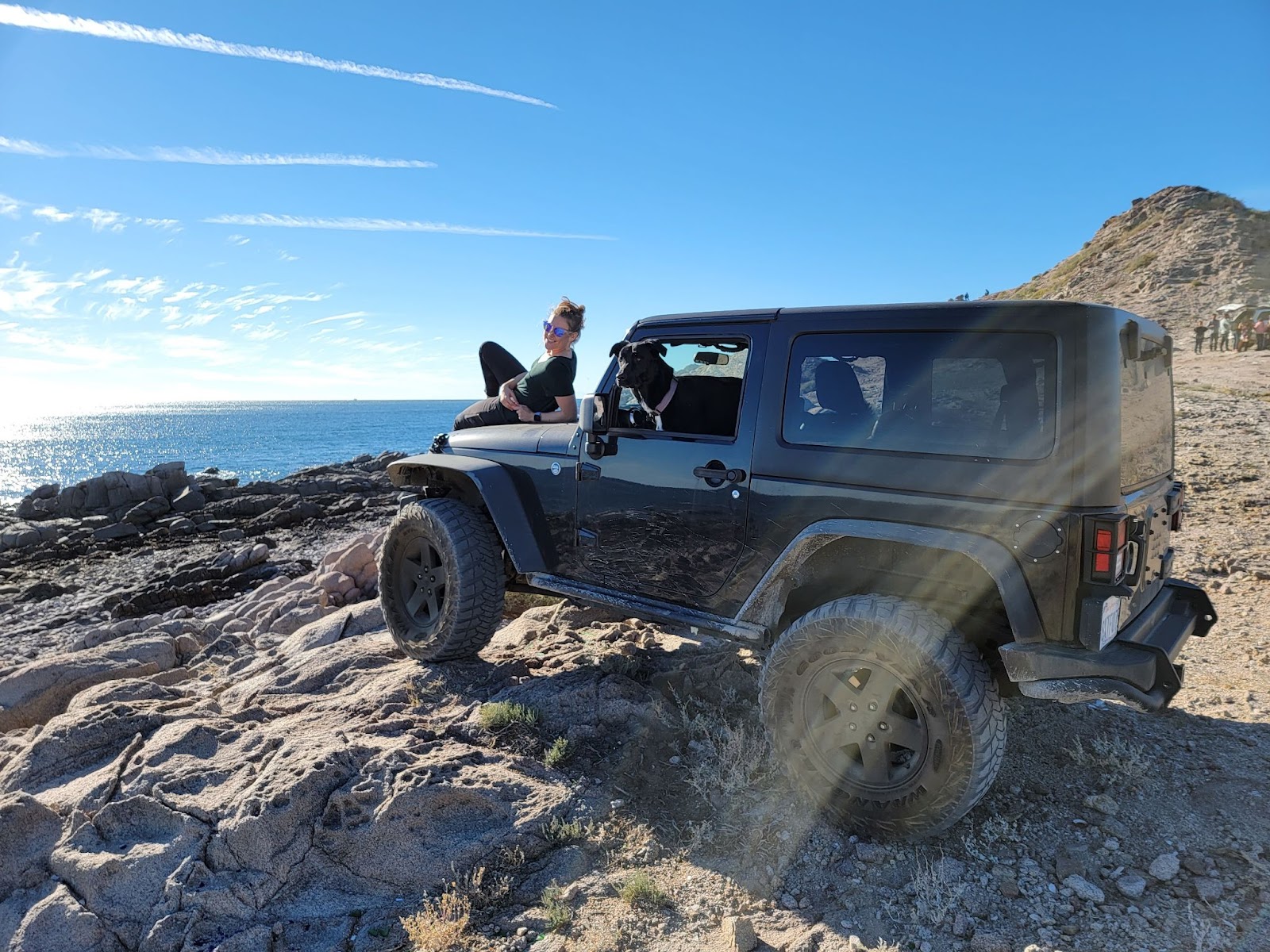 En kvinde, der sidder på kalechen af en jeep på en stenet strand, med en sort hund, der kigger ud af vinduet på førersædet.