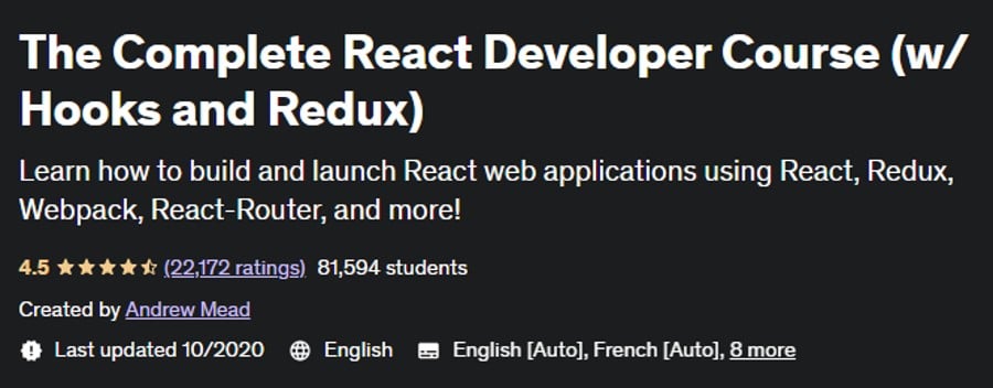 Banner del corso The Complete React Developer Course con una breve descrizione e la valutazione di 4,5 stelle su 5 assegnata da più di 22 mila opinioni