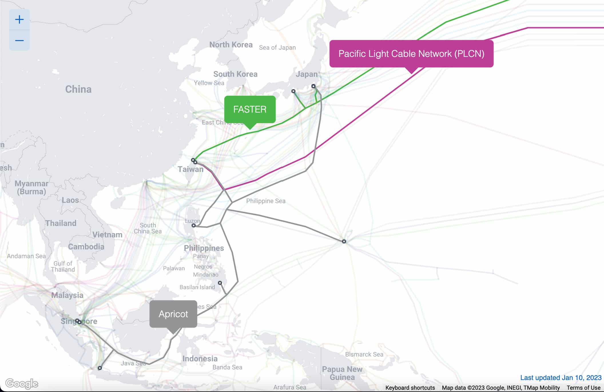 Apricot-, Faster- och PLCN-undervattenskablar. (Bildkälla: Submarine Cables)