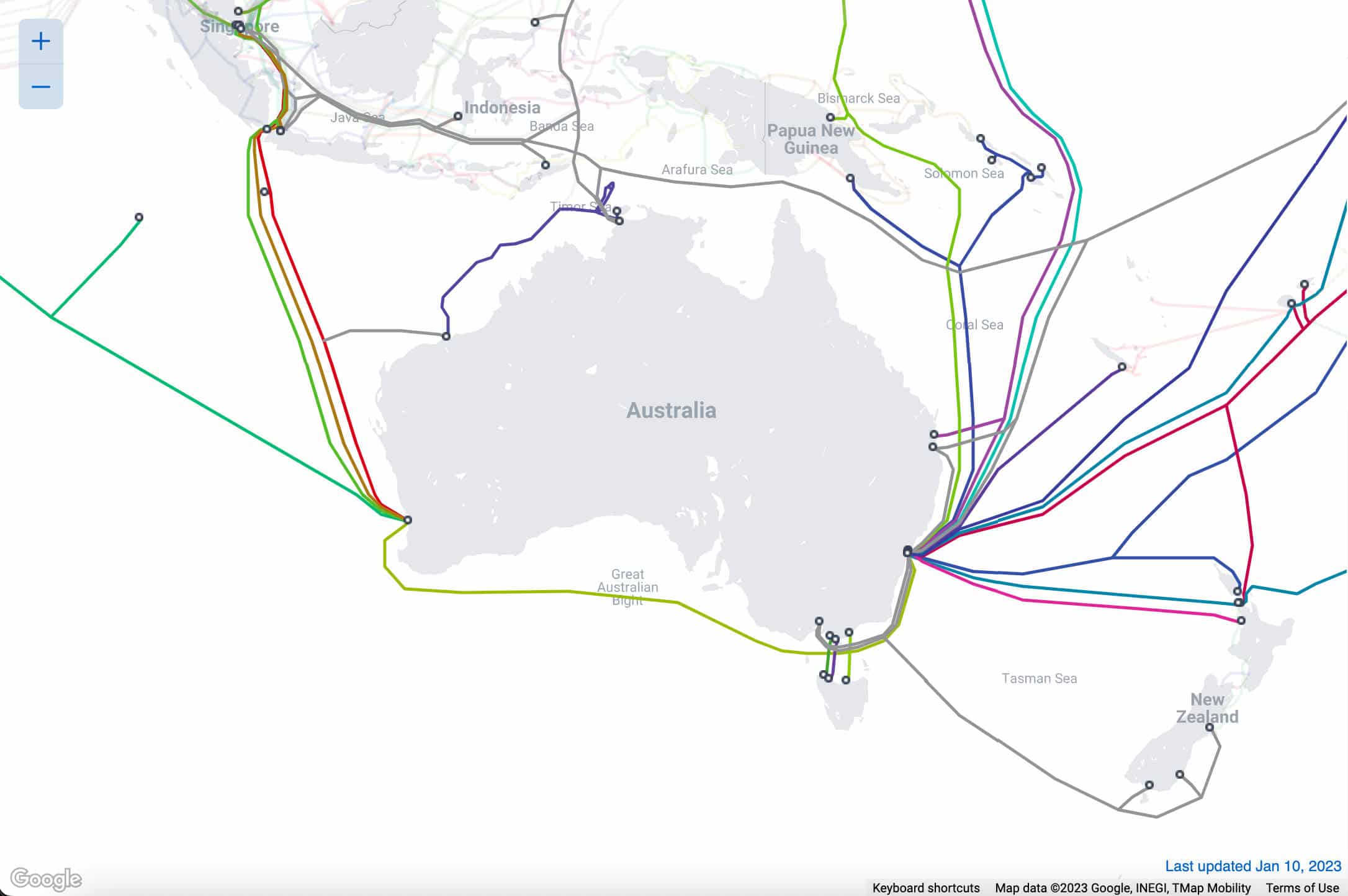 Een kaart van onderzeese kabels die op Australië aansluiten.