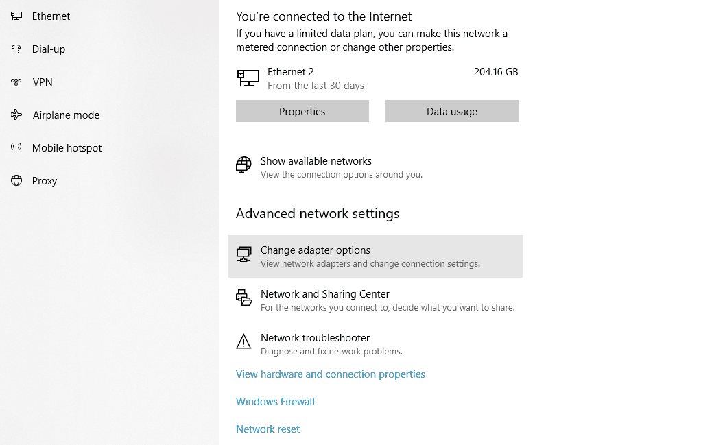 Het Network Status scherm in Windows bevat configuratie instellingen voor je internetverbinding.