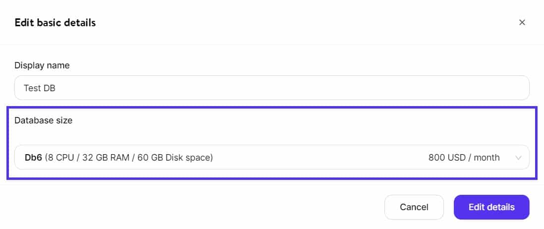 Scegliere la nuova dimensione del database.