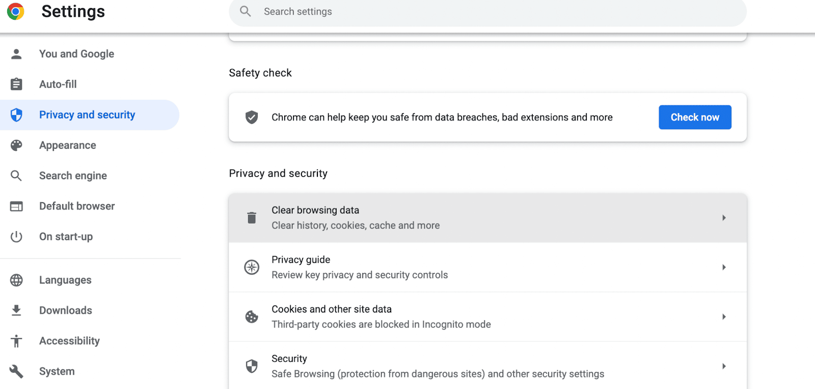 Find privacy and security and clear browsing data in Google Chrome