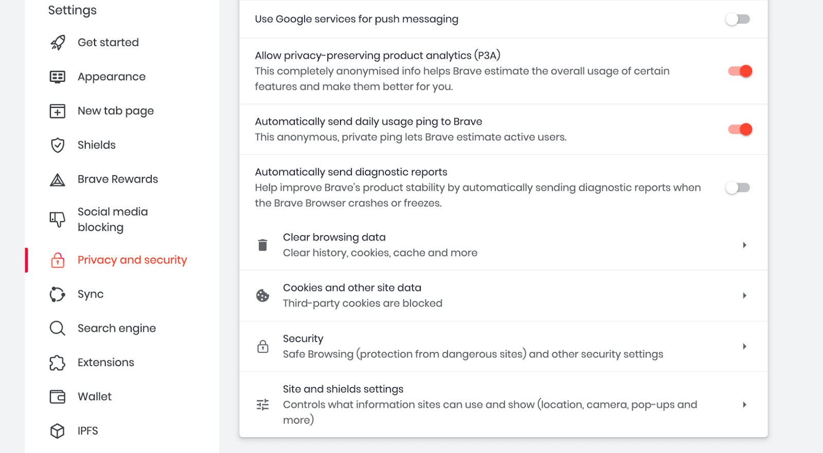 Limpando os cookies e o cache do Brave