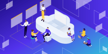 Illustration: Computer users working on the cloud.