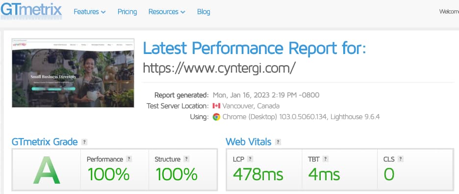 Gmetrix speed test result of Cyntergi