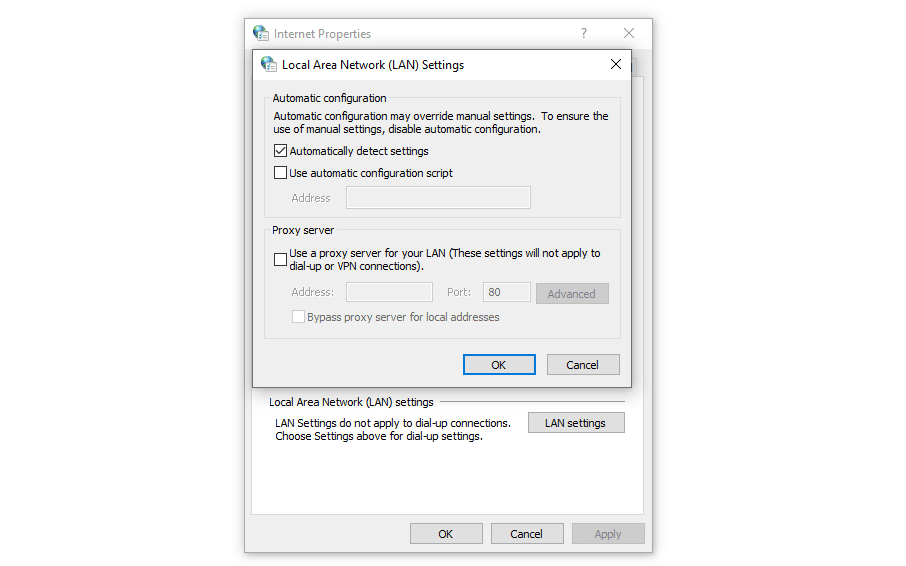 You can use a custom proxy server or enable Windows to configure the connection settings automatically.
