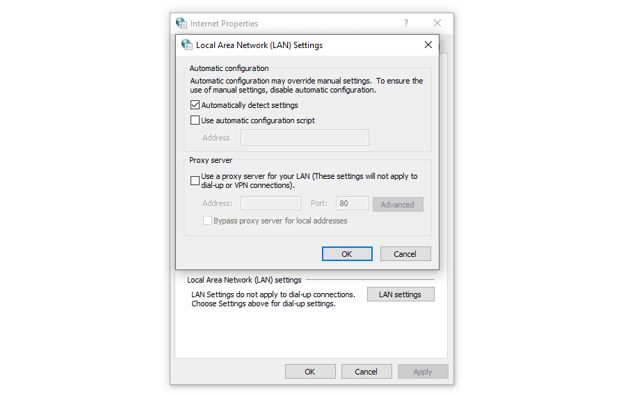 Schermata della finestra Local Area Network di Windows da cui consentire a Windows di configurare automaticamente le impostazioni di connessione.