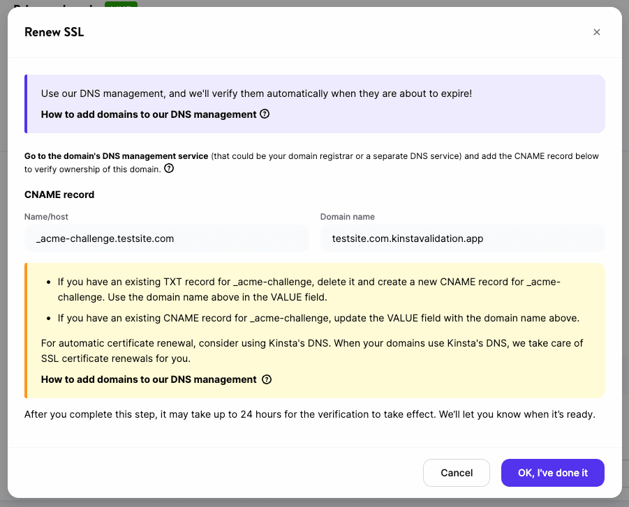 Adding a CNAME record to verify a third-party domain and renew SSL via MyKinsta.