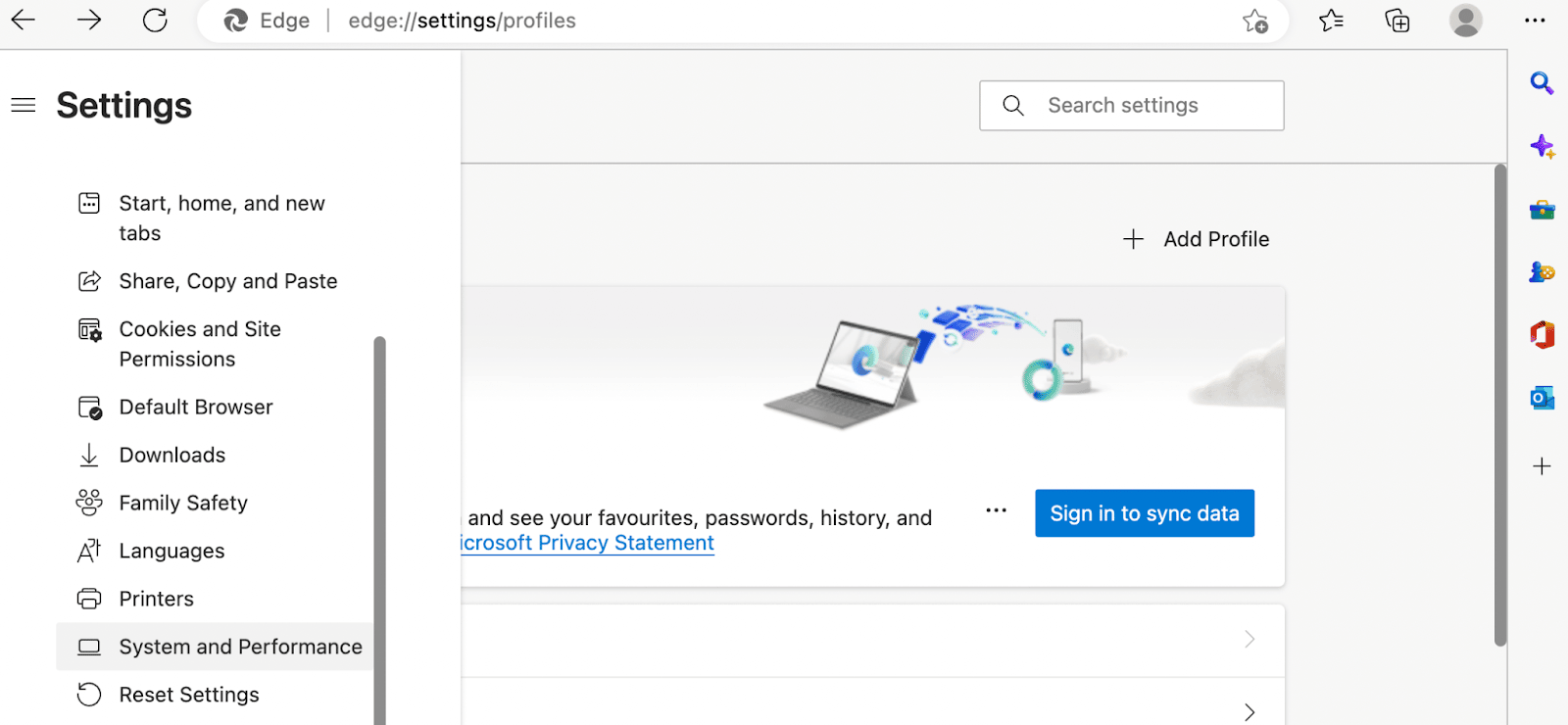 Sistema do Microsoft Edge e configurações de desempenho