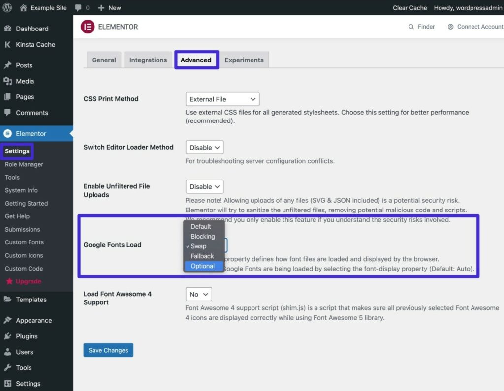 Zo stel je Font-Display: Optional in in Elementor.