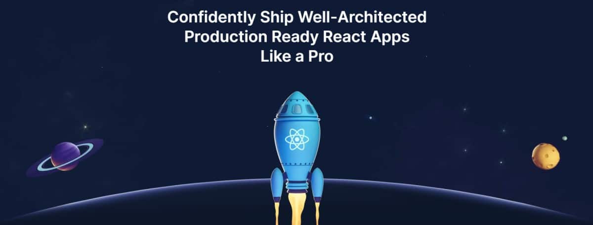 Showing short writing on the top and a rocket having React logo in the middle along with planets on both sides