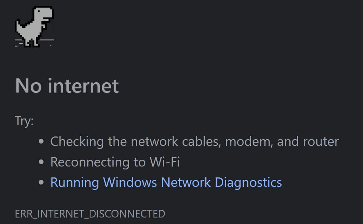 ERR_INTERNET_DISCONNECTED no Google Chrome.