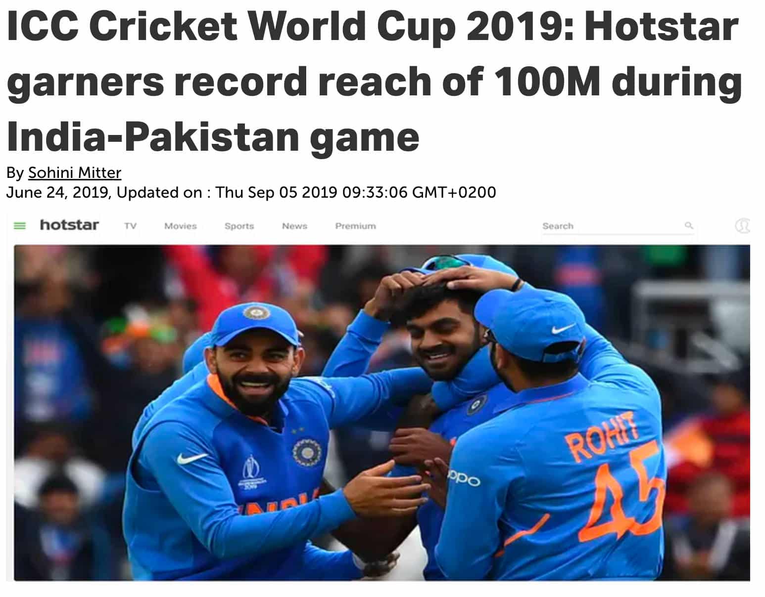 Hotstar, Indiens största streamingplattform, registrerar 15,6 miljoner samtidiga tittare under ICC Cricket World Cup 2019. Bildkälla: YourStory