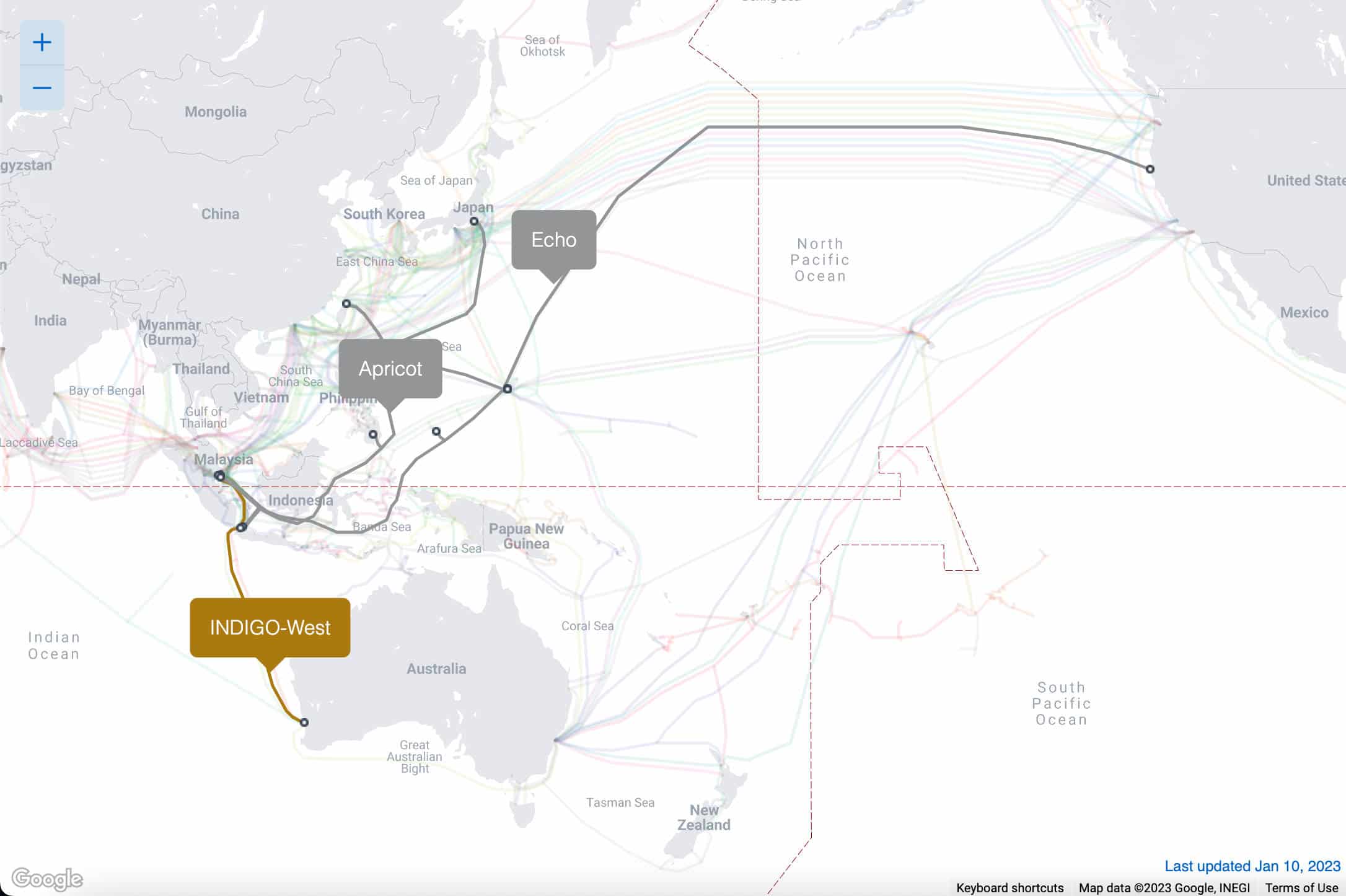 Cables submarinos Índigo-Oeste, Eco y Albaricoque. 