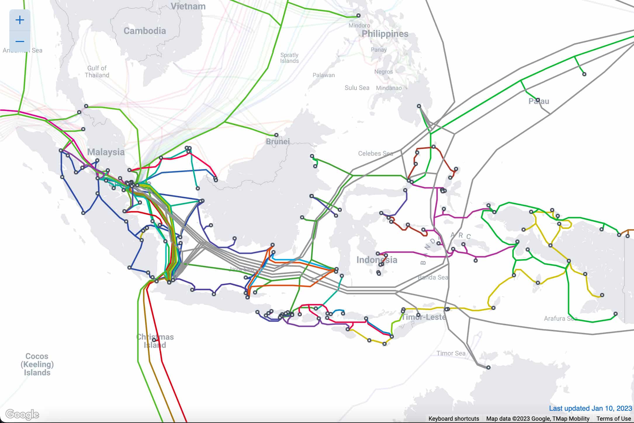 Indonesiens kabelkarta. (Bildkälla: Submarine Cable Map)