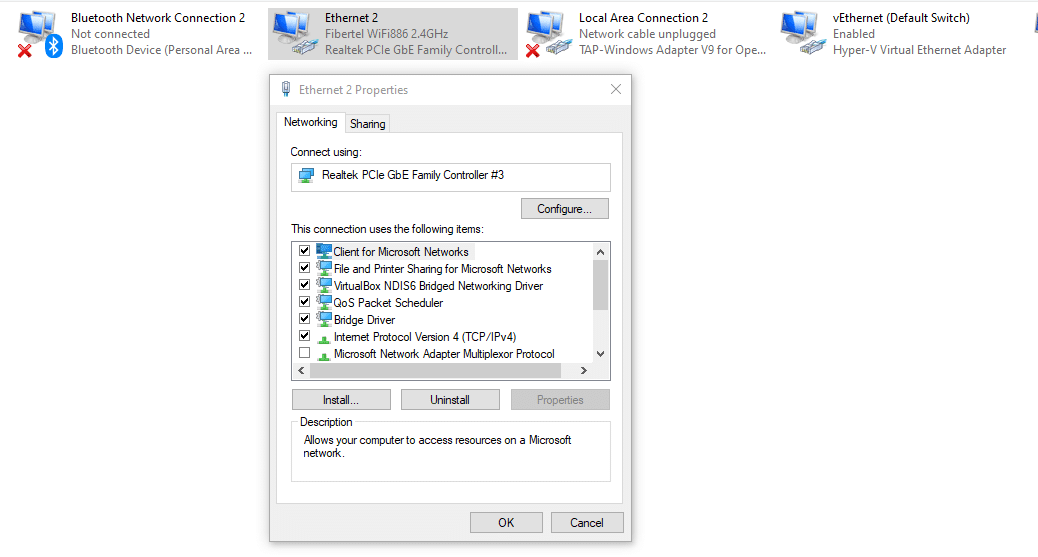 Schermata della finestra di Windows sulle proprietà Ethernet: in Windows è possibile avere più connessioni di rete disponibili.