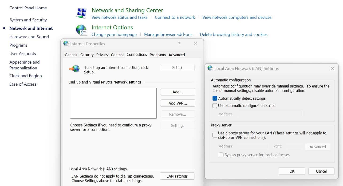 Configurações de LAN do Windows