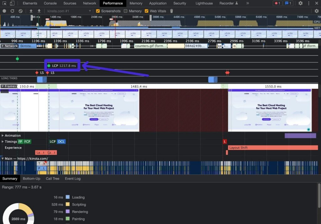 How to see LCP time in Chrome Dev Tools.