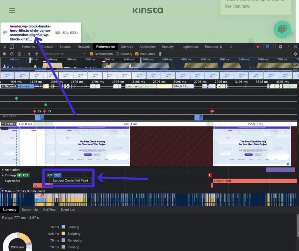 Så här ser du LCP-elementet i Chrome’s utvecklarverktyg.