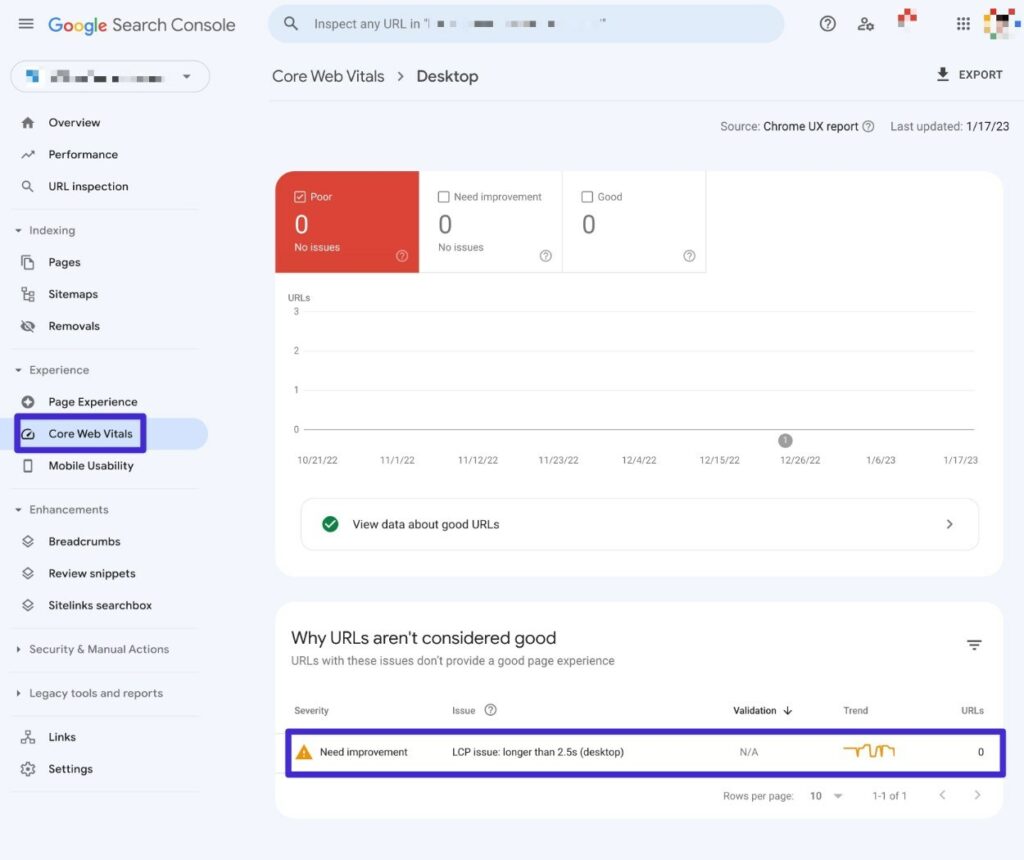 How to see LCP issues in Google Search Console.