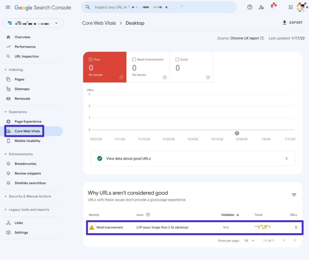 Comment voir les problèmes de LCP dans Google Search Console.