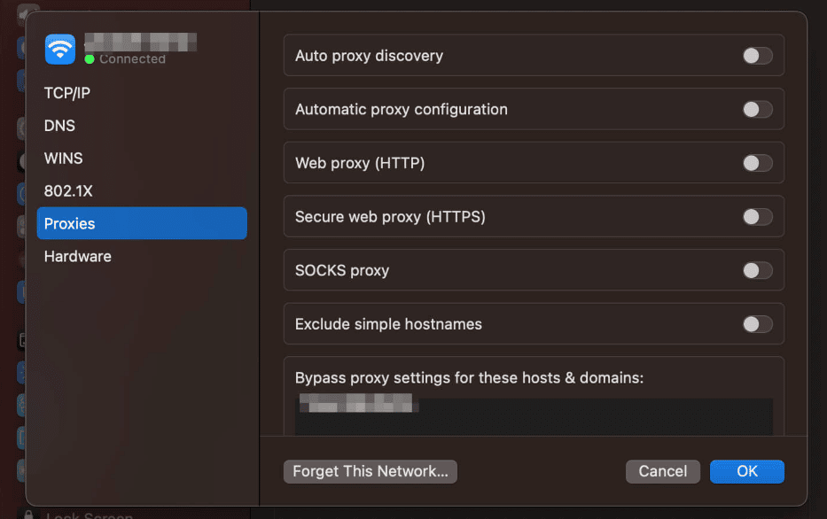 Schermata Proxies di macOS da cui configurare le impostazioni proxy per la vostra connessione.