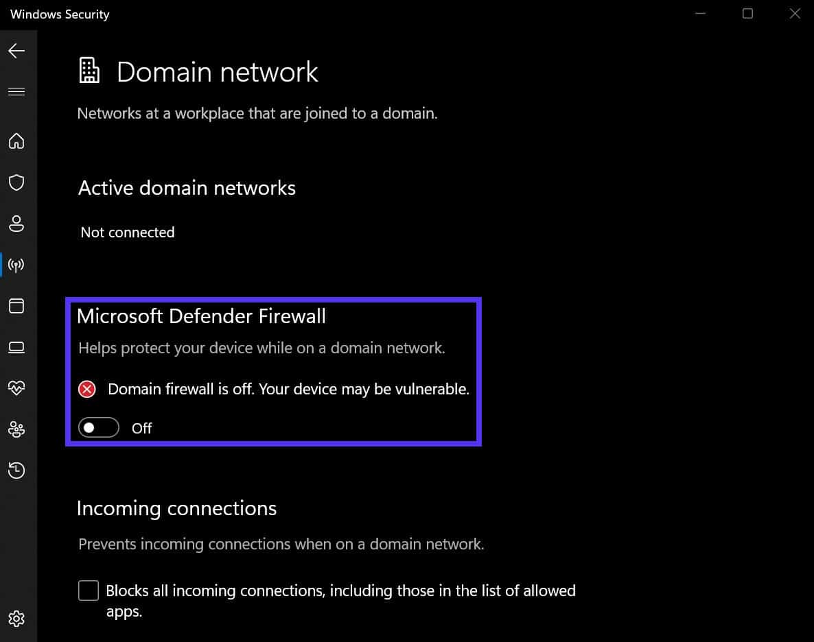 Turning off the Microsoft Defender Firewall