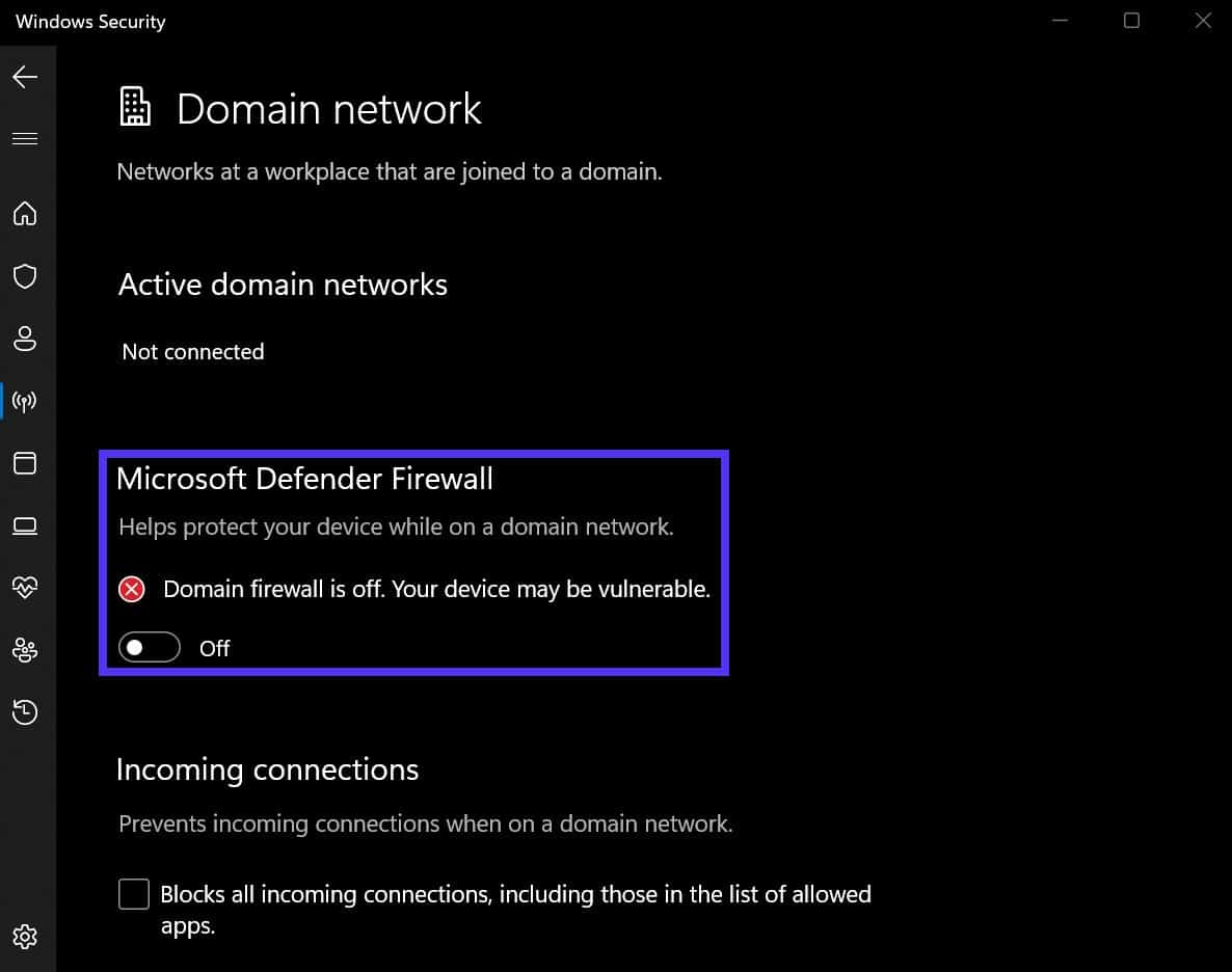 Desabilitando o Microsoft Defender Firewall.