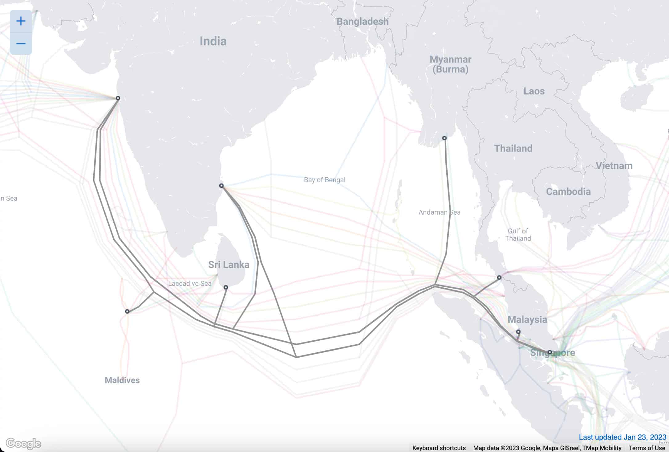 Une carte des câbles sous-marins se connectant à la Malaisie.