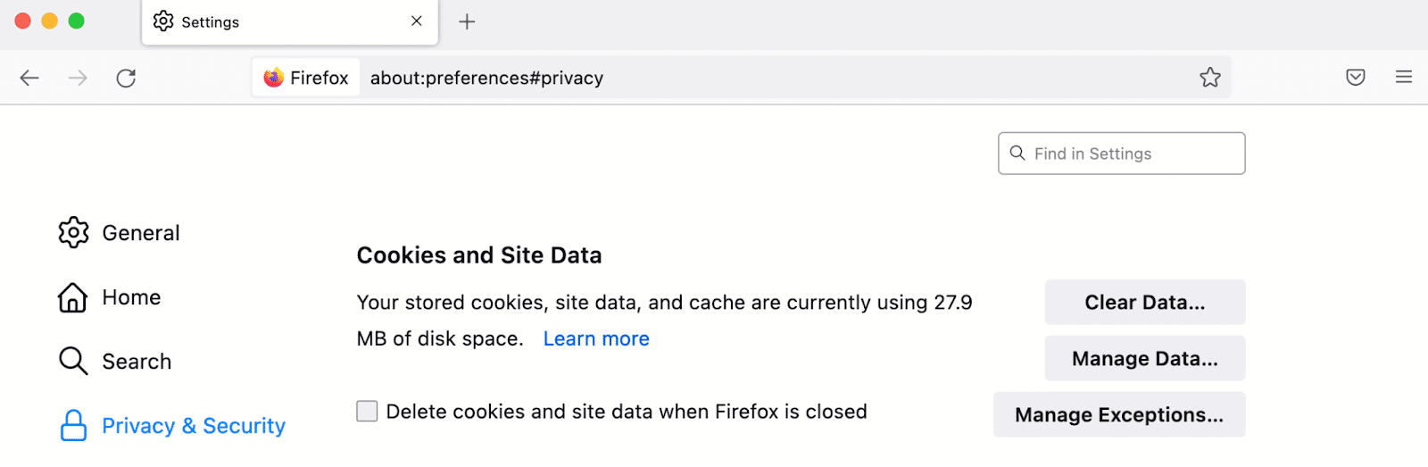 Clear cookies and site data in Mozilla Firefox