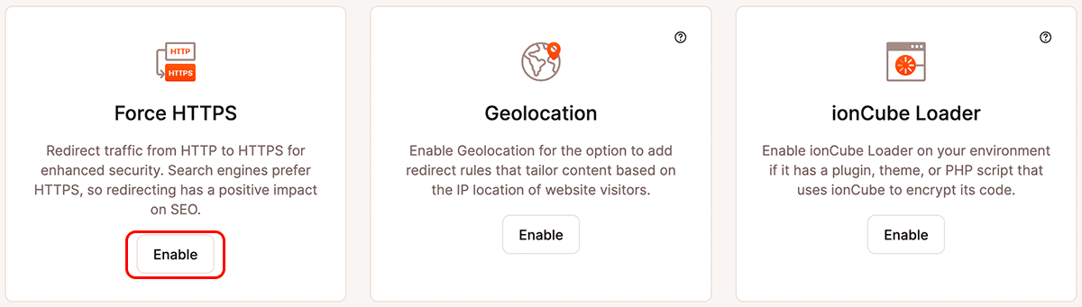 Screenshot of one section of the MyKinsta site tools page, including Force HTTPS.